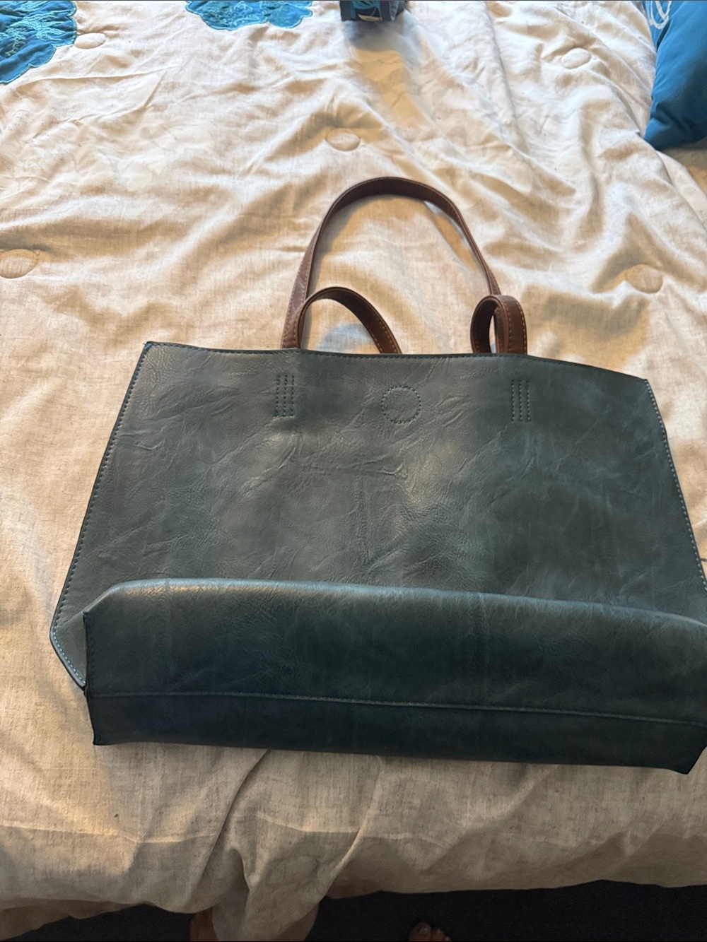 Dark Teal Tote Bag with Brown Handles